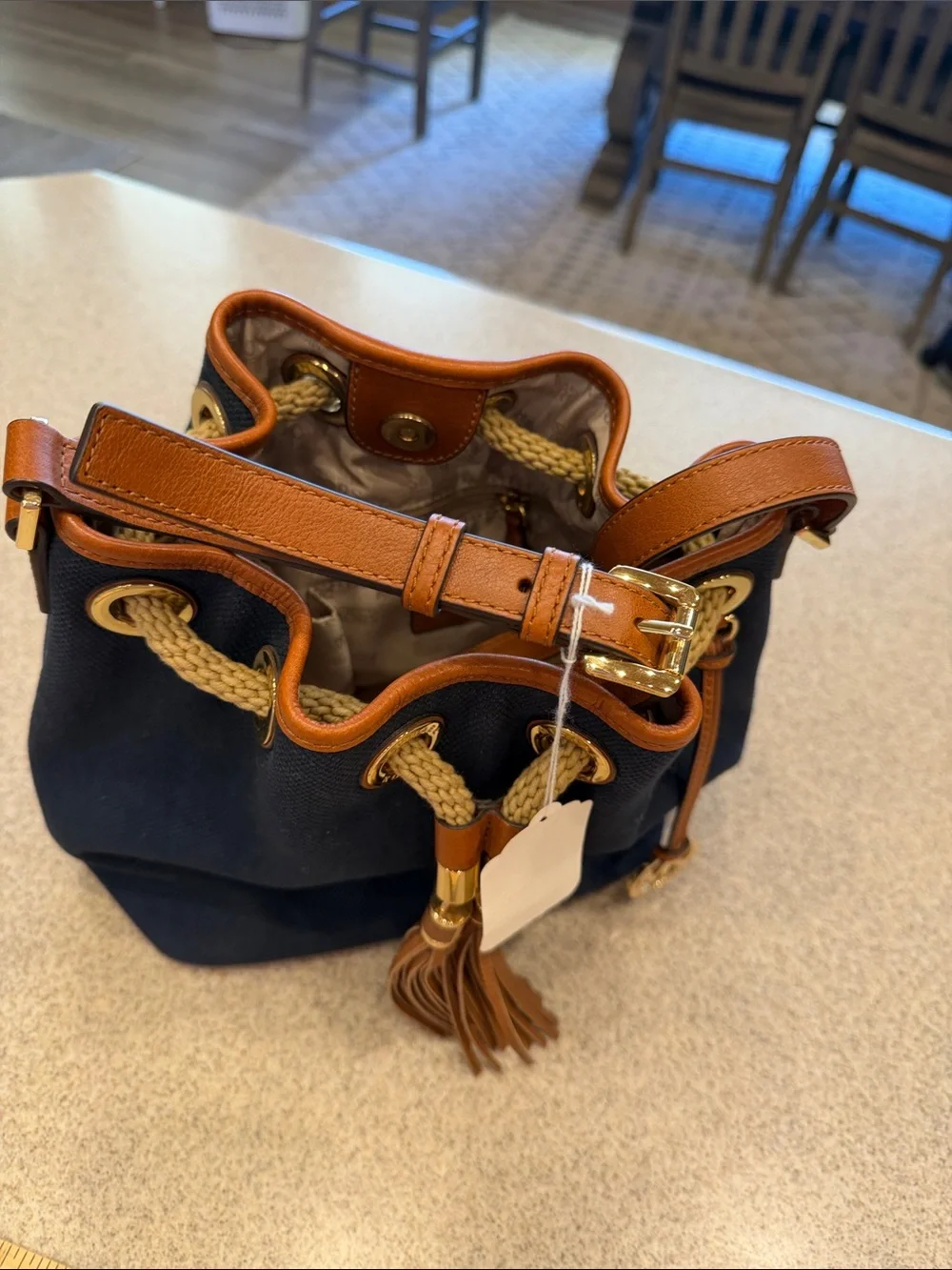 Michael Kors Navy Canvas Bucket Crossbody with Brown Leather Trim